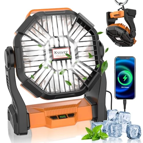Offerta a tempo: Ventilatore da Campeggio con Luce LED, 4 Velocità 20000mAH Ventilatore Portatile con Gancio, 270° Regolabile Ventilatore da Tavolo, Ventola USB per Pesca, Picnic, Barbecue, Escursionismo (Arancione) - 15% da 39.99 € a 34.18 €