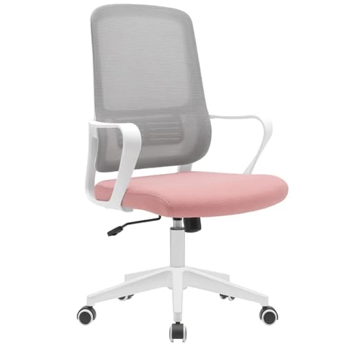 BAKAJI Sedia da Scrivania Ergonomica con Ruote Girevoli Antigraffio, Schienale in Tessuto Traspirante e Supporto Lombare, Poltrona da Studio Ufficio Regolazione Altezza Gas 98-108cm (Rosa e Grigio)