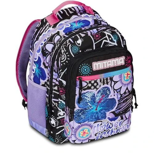 Offerta a tempo: Mitama Zaino Triplo Scomparto Flower Fashion con Tasca frontale, Viola e Nero, Scuola Elementare e Tempo Libero, Bambina Ragazza - 20% da 56.90 € a 45.49 €