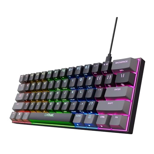 Offerta a tempo: Trust Gaming GXT 867 Acira Tastiera Meccanica 60% QWERTY US, Tasti a Doppia Funzione, Illuminazione RGB, Tastiera Mini Gaming Programmabile USB 60% PC Laptop - Nero/Grigio - 0.00% da 44.98 € a 44.98 €