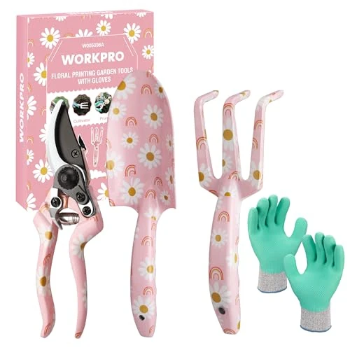 Offerta a tempo: WORKPRO Set di attrezzi da giardino da 4 pezzi, attrezzi da giardino con scatola regalo, pala da giardino, cesoie da giardino, guanti da giardino, regali per giardinieri, regalo per il giardino rosa - 40% da 19.99 € a 11.99 €