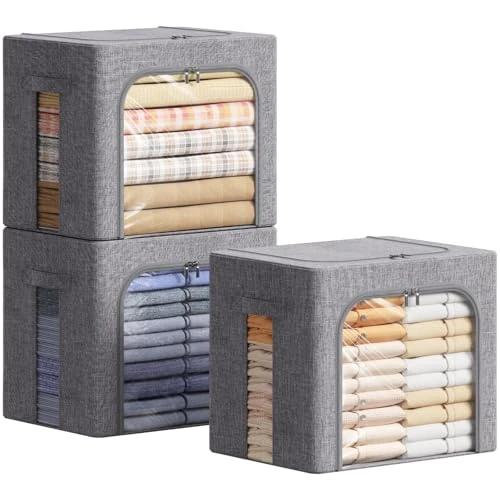 Lifewit Lot de 3 Sacs de Rangement Robuste avec Cadre en Métal, Boite Rangement Pliable, Organisateur Placard, Housse Rangement, Caisse avec Couvercle pour Vetements, 40L, Gris