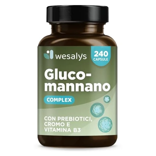 GLUCOMANNANO FORTE 4.200 mg per Dose Giornaliera, 240 CAPSULE, Made in Italy, Arricchito con Cromo, Vitamina B3 e Prebiotici; Fibra Vegetale, Integratore Ad Alto Dosaggio, Wesalys