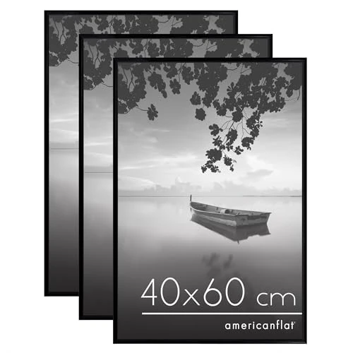 Americanflat Marco de Fotos de 40x60 cm en Negro - 3 Unidades - Marco para Póster de 40x60 cm con Finos Bordes, Plexiglás y Accesorios para Colgar Horizontal y Vertical