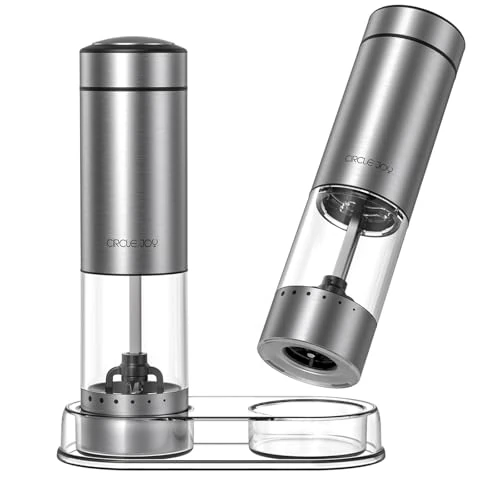Offerta a tempo: CIRCLE JOY Set Macinapepe Elettrico a Batteria, Macinaspezie in Acciaio Inossidabile con Base, Contenitore Lavabile Trasparente da 95ml, Luce LED Bianca e Grossolanità Regolabile, Argento - 0.00% da 24.99 € a 24.99 €