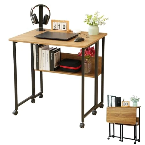 haiorjun Biurko składane na kółkach, małe biurko 80 cm szerokości, małe biurko komputerowe z regałem, mobilne, składane biurko do domu, biura, komputera, biurka, 80 x 58 x 75 cm, łatwy montaż