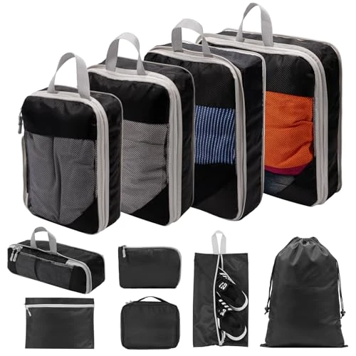 BillyBath Suitcase Organiser Set, 10 Pieces, Packing Cubes, Clothes Bags, Shoe Bag, Travel Organiser, Packing Cubes, Cosmetics, Travel Organiser, Packing Bags for Suitcases (Black)