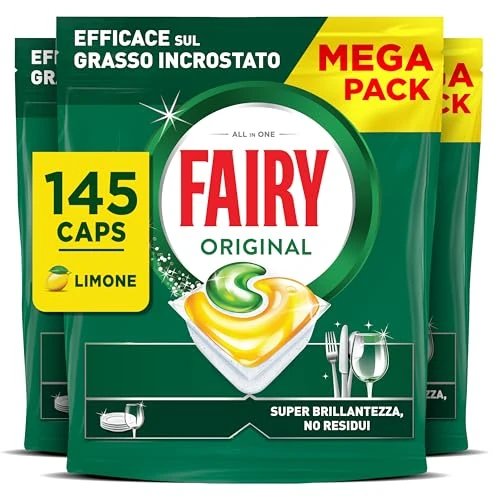Fairy Original All-in-One-Spülmaschinenkapseln, Zitrone, 5 x 29 Kapseln, wirksam auch bei trockenem Fett, Verpackung kann variieren