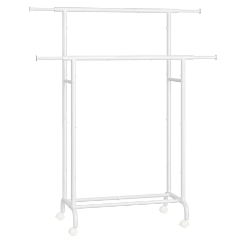SONGMICS Wieszak na ubrania, podwójny wieszak na ubrania na kółkach, wysuwany stojak na ubrania, wytrzymała metalowa rama, maks. obciążenie 80 kg, szerokość 83-120 cm, biały chmura HSR133W01