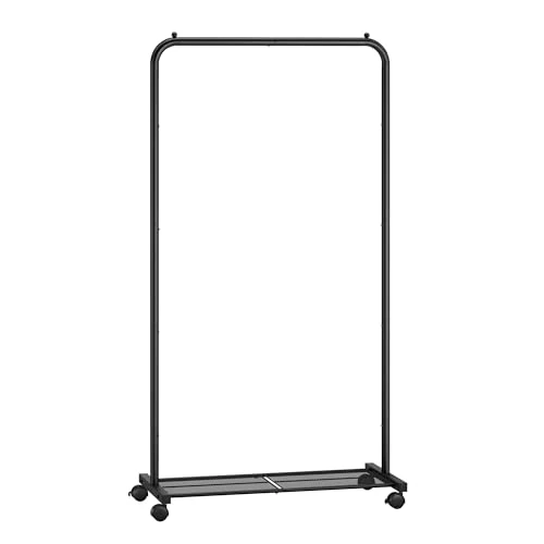 SONGMICS HSR130B01 wieszak na ubrania, drążek na ubrania, 74 cm szerokości, wieszak na kółkach z półką z kratki, obciążenie do 35 kg, 2 kółka z blokadą, rama stalowa, czarny HSR130B01