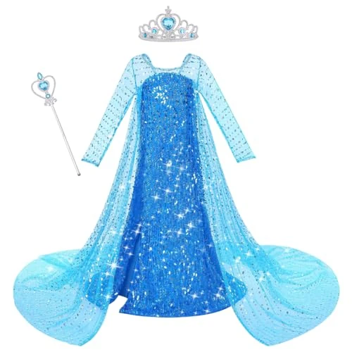 ACWOO Disfraz de Princesa Niña con Accesorios de Corona y Varita, Vestidos Princesa con Lentejuelas Lujosa, Disfraz niña Halloween Cosplay Cumpleaño Carnaval Fiesta