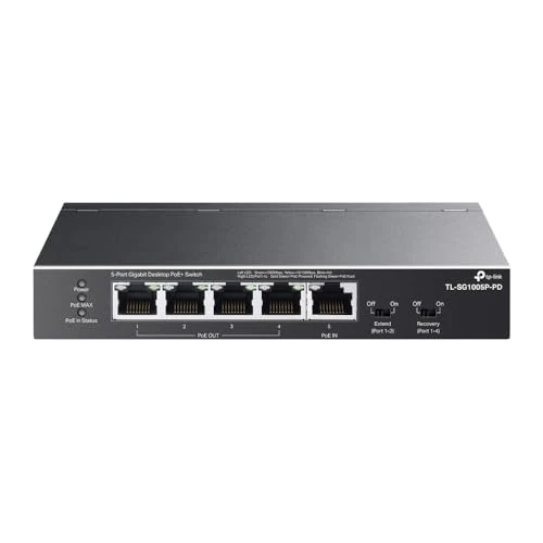 TP-Link TL-SG1005P-PD | Conmutador Ethernet Gigabit de Paso PoE de 5 Puertos | 1 PoE++ en 90 W, 4 PoE+ de Salida de hasta 66 W | Plug & Play | Modo de extensión | QoS, IGMP, PoE Recuperación