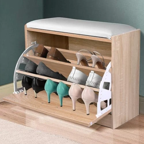 BAKAJI Sitzbank für Schuhe, platzsparend, aus Holz, mit dreifacher Klapptür, Tiefe und Sitzfläche aus Kunstleder, Maße 60 x 30 x 48 cm (Eiche)