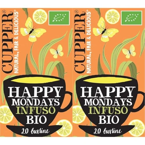 Offerta a tempo: CUPPER Happy Mondays Infuso Biologico con Limone, Zenzero e Pepe Nero, Tisana Energizzante con Ingredienti Naturali, Gusto Speziato, Filtri 100% Biodegradabili, Confezione da 40 Bustine - 43% da 6.98 € a 3.98 €