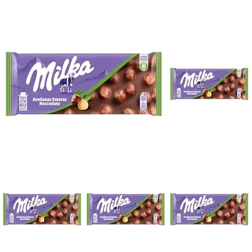 Milka, Nocciolato, Tavoletta di Cioccolato al Latte con Nocciole Intere, Latte 100% Alpino, Cacao Sostenibile, 100g (Confezione da 5)