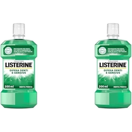 Offerta a tempo: LISTERINE Collutorio Difesa Denti e Gengive, Al gusto di Menta Fresca, Collutorio gengive infiammate per denti forti, Con Fluoruro, Igiene orale per Gengive sane, 500 ml (Confezione da 2) - 65% da 13.80 € a 4.84 €