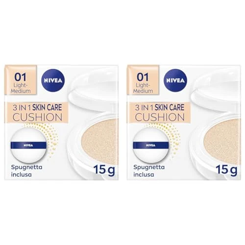 NIVEA Q10 Plus Anti-Age 3in1 Skin Care Cushion 15ml, Crema colorata viso idratante e anti-età, Crema Viso antirughe e BB cream FP15, Fondotinta cushion arricchito con Coenzima Q10, 01 Light-Medium