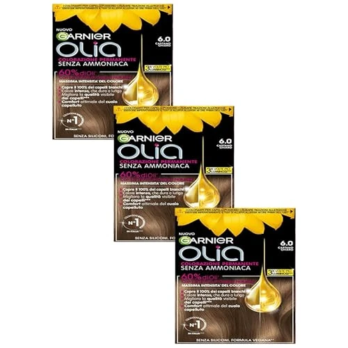 Garnier Olia Tinta Capelli Senza Ammoniaca, Copre il 100% dei Capelli Bianchi, Castano Chiaro (Confezione da 3)