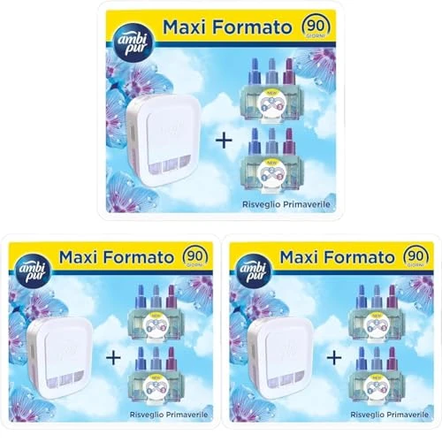 AMBIPUR Profumatore per Ambienti, 1 Diffusore Elettrico Ambiente e 2 Ricarica, Fragranza Risveglio Primaverile, tecnologia Elimina Odori, Fino a 90 Giorni di Profumo Ricarica (Confezione da 3)