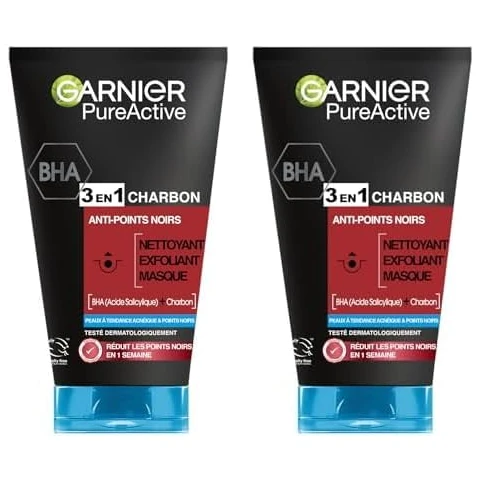 Garnier Maschera Punti Neri, Detergente e Scrub Viso Pure Active Intense 3 in 1 con Carbone Vegetale, 150 ml (Confezione da 2)