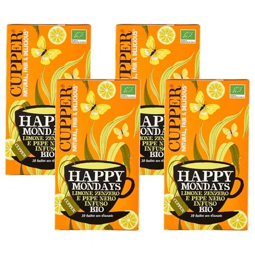 Offerta a tempo: CUPPER Happy Mondays Infuso Biologico con Limone, Zenzero e Pepe Nero, Tisana Energizzante con Ingredienti Naturali, Gusto Speziato, Filtri 100% Biodegradabili, Confezione da 80 Bustine - 43% da 13.96 € a 7.96 €