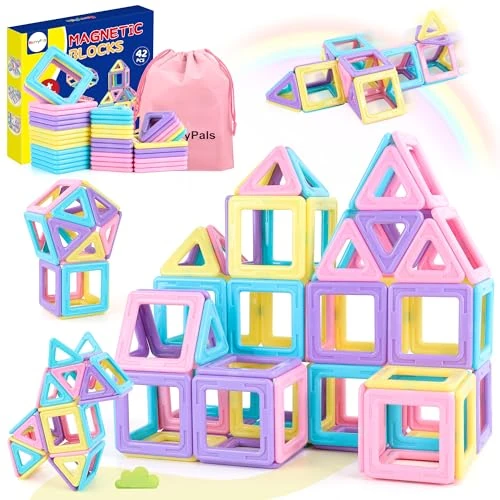 Magnetic Building Blocks Tiles 42 PCS for 3 4 5 6 7 8 Year Old Boys Girls Gift kids for Kids Learning Educational Magnets Construction Set Toys for Boys Girls Age 3+ Years Old Christmas Birthday Gift