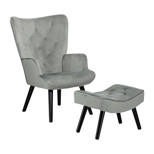 Offerta a tempo: Totò Piccinni SET SIESTA Poltrona con Sgabello di Design Gambe nere in Legno di Faggio (Velluto Grigio) - 47% da 179.99 € a 94.99 €