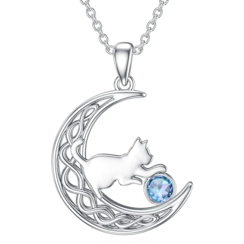 Tijdelijke aanbieding: LONAGO Kattenhalsketting van 925 sterling zilver, sterrenbeeldsteen met kat op de maan, hanger, halsketting voor dames van 47.69 EUR naar 47.69 EUR (korting 0%)
