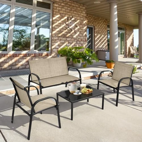Zeitlich begrenztes Angebot: GIANTEX 4 TLG. Gartenmöbel Lounge Set, Gartenlounge Set mit Couchtisch & Gartenbank & 2 Essstühle, Textilene Balkonmöbel Set 4 Personen, Terrassenmöbel Garten Sitzgruppe Sitzgarnitur von 144.99 € auf 144.99 € (0.00% Rabatt)