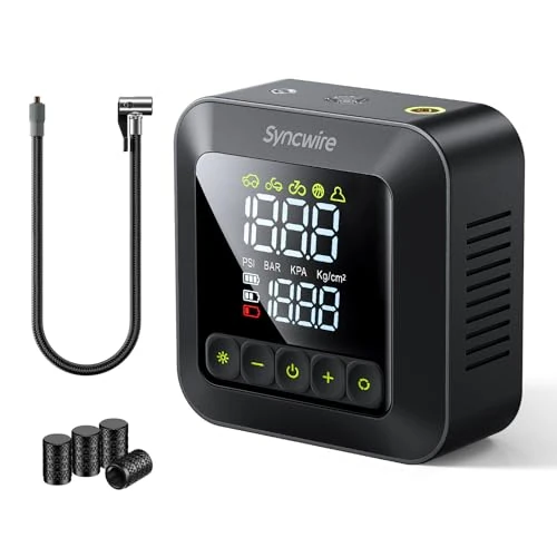 Syncwire Draagbare luchtcompressor, 10,35 bar, 3 x snelle elektrische luchtpomp voor banden, auto-inflator voor auto, motorfiets, fiets en ballen, met ventieldoppen voor banden, groot lcd-scherm