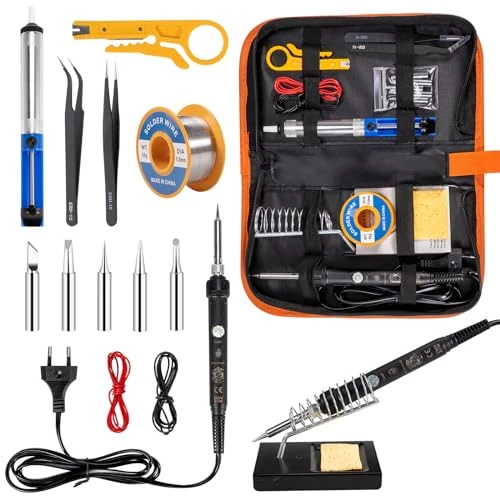 Offerta a tempo: Saldatore a Stagno Kit 60W 16 in 1 Professionale, Temperatura Regolabile 220-480℃, Interruttore ON/OFF, 5 Punte, Pompa Dissaldante e Supporto - Kit Saldatura Elettronica per Riparazioni Fai da Te - 0.00% da 21.99 € a 21.99 €