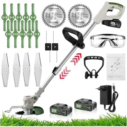 Accu-grastrimmer, accu-grastrimmer, multifunctioneel, met 2 batterijen, verstelbare kop en telescopische handgreep voor het trimmen van gazon, gras