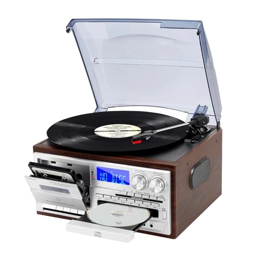 Offerta a tempo: Giradischi 9 in 1: giradischi vintage con Bluetooth, CD, cassetta, radio AM/FM, codifica USB/SD, ingresso Aux, uscita linea RCA - Argento - 6% da 169.99 € a 159.99 €