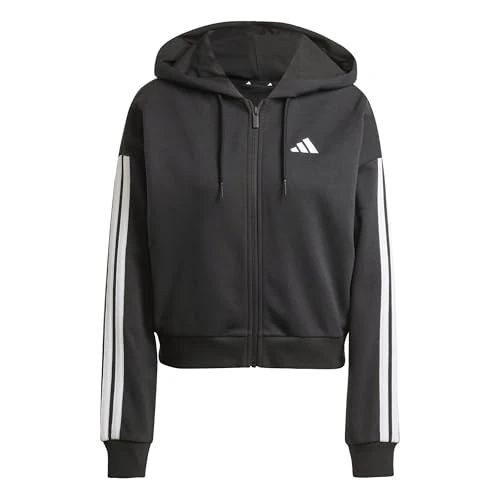 adidas Women's ESSENTIALS 3-STRIPES FRENCH TERRY FULL ZIP HOODIE, Black/White, S
