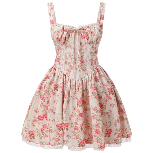 Offerta a tempo: Odizli Abito da donna estivo sexy senza maniche con spalline sottili stile boho con fiori, pizzo, mini abito corto, bianco/rosso, L - 37% da 49.42 € a 31.15 €