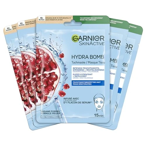 Garnier Set de Masques en Tissu pour le Visage à la Grenade pour Peau Sèche, Revitalisant et Hydratant, Avec Acide Hyaluronique et Extrait de Grenade, SkinActive, Hydra Bomb, 5x 28g