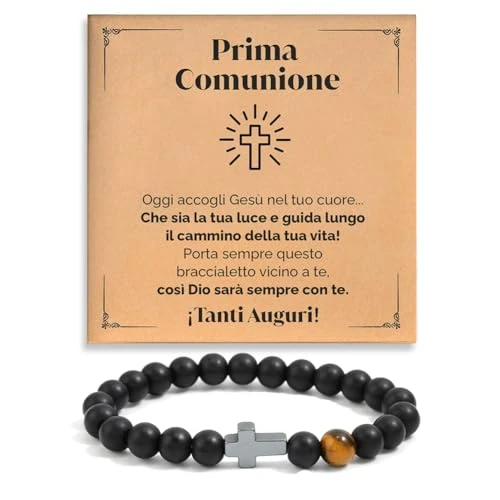 SOFIA FERRER First Communion Gifts Male Communion Bracelet Child Communion Gift Ideas for Children with Adjustable Natural Stones and Cross Bracelet for Boy, Taglia unica, Stone