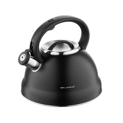 FLORINA Hervidor de Agua (2,5 l) I Tetera de Acero Inoxidable JACOB I Silbato con Mango de Bakelita I Silbido Automático I Tetera para Té y Café I Apta para Todo Tipo de Cocinas I Color: Negro