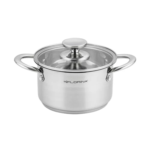 FLORINA Garnek ze stali nierdzewnej, 1,9 l, średnica 16 cm, energooszczędny garnek do gotowania Falcon ze szklaną pokrywką i skalą pomiarową, 3-warstwowe dno, równomierne rozprowadzanie ciepła