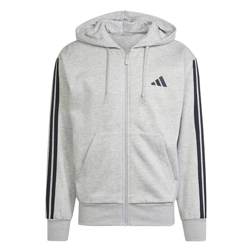 adidas Men's ESSENTIAL THREE STRIPES FLEECE ZIPPER HOODIE, medium grey heather/black, S