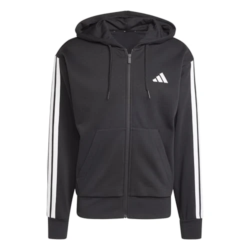 Adidas Homme Essential Three Stripes Fleece Zipper Hoodie, Black/White, XXL