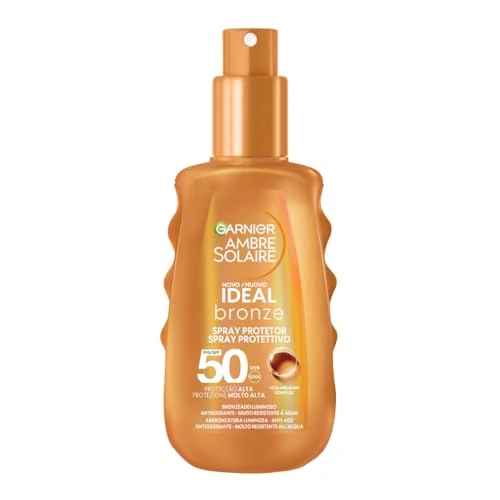 Offerta a tempo: Garnier Latte Solare Spray SPF 50+, Abbronzatura Esaltata e Intensificata, Contro l'Invecchiamento Cutaneo, Resistente all'Acqua, Con Complesso Vita-Melanin, Ambre Solaire, Ideal Bronze, 150 ml - 36% da 12.99 € a 8.32 €