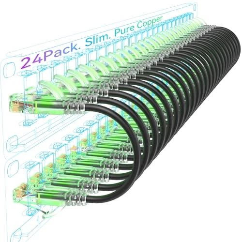 Sokqovt Cavi patch Cat6a, sottili, 0,2 m (confezione da 24), cavo patch Ethernet flessibile Cat6, 10 G, 550 MHz, 28 AWG, cavo patch Cat6 in rame puro per armadio di rete, cavo patch Cat 6, nero