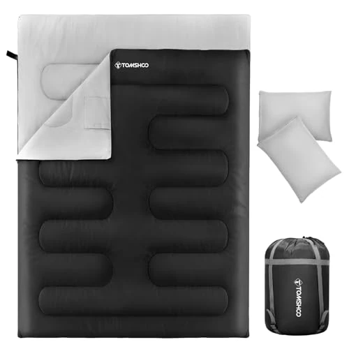 TOMSHOO Double Sleeping Bag, Waterproof and Portable Sleeping Bag for 2 People with 2 Cushions and 1 Carry Bag, Comfortable Temperature, for Camping, Backpacking, Hiking, More, Black
