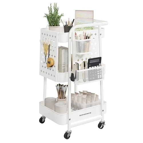 SONGMICS Carrito de Almacenamiento, Carrito con Ruedas, 3 Estantes Malla Metálica, 2 Paneles Perforados Extraíbles, 2 Soportes de Colgar, 4 Ganchos, para Oficina Cocina Baño, Blanco Nube LRC037W01