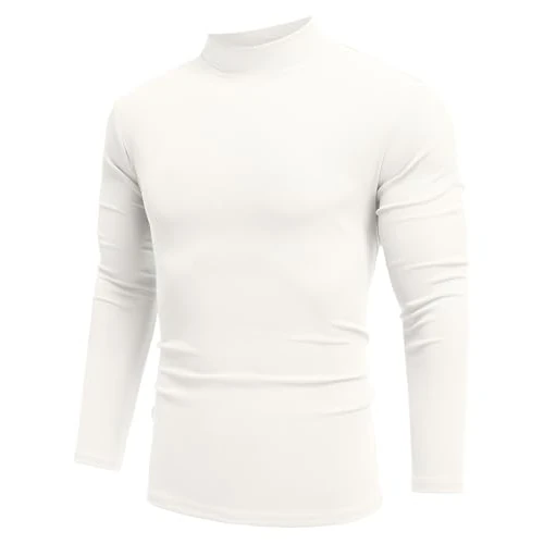 COOFANDY Mens Shirt Striped Turtle Neck Tops Long Sleeve Mock Turtleneck Casual Thermal Stretch Jumper White XXL