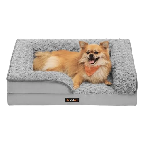 Feandrea Cama Perro Mediano, Caseta para Mascotas, Ortopédica con Espuma Corrugada, Bordes Elevados Acolchados, Funda Extraíble Motivo Rosa Peluche, 71 x 58 x 16 cm, Gris Paloma PGW251G01