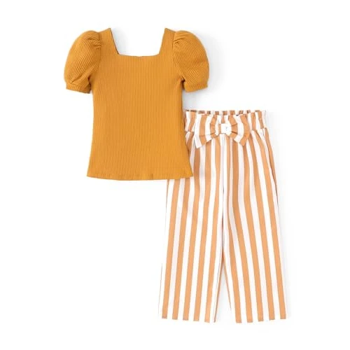 Offerta a tempo: PATPAT Set di Abbigliamento per Bambina Bambino Collo Quadrato Sbuffo Manica Corta Pantaloni a Righe Bambini Primavera Casual Moda T-shirt Vestiti per Ragazze Pantaloni da Completo 3-12 Anni Estate - 63% da 26.99 € a 9.99 €