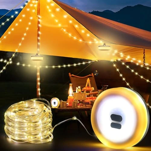 mizikuu Campinglichtsnoer, 10 m, draagbaar, waterdicht, met 7 lichtmodi, oplaadbaar, voor camping, reizen, buiten, binnenplaats, decoratie