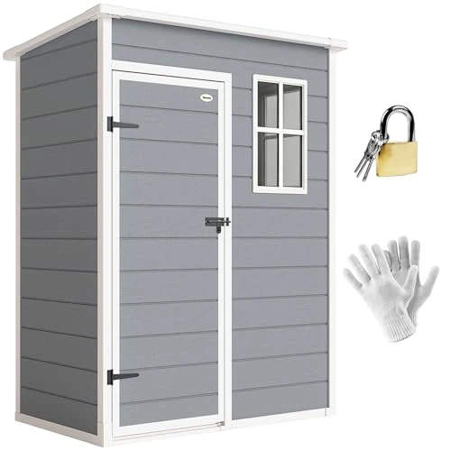 Offerta a tempo: Outsunny Casetta da Giardino Porta Attrezzi in Finitura Effetto Legno Graffiato con Pavimento, 1.14m² Capanno da Giardino con Porta e Serratura, Tetto Inclinato, 151x92x193cm, Grigio - 20% da 292.95 € a 232.99 €